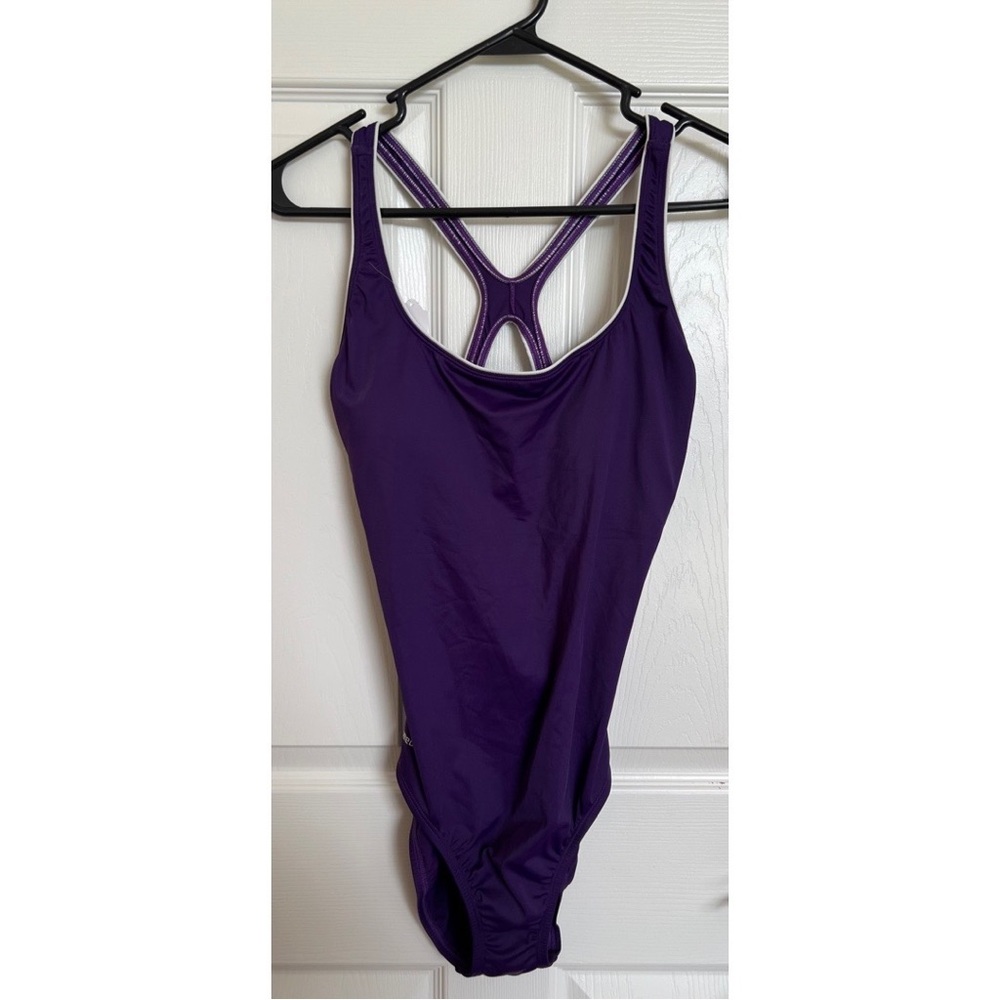 Ladies Speedo one piece swimsuit, size 12, purple with white piping